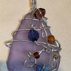 Lavender sea glass wire wrapped pendant various small beads NEW